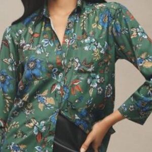 New With Tags Green Floral Brielle Button Down Blouse by Anthropologie